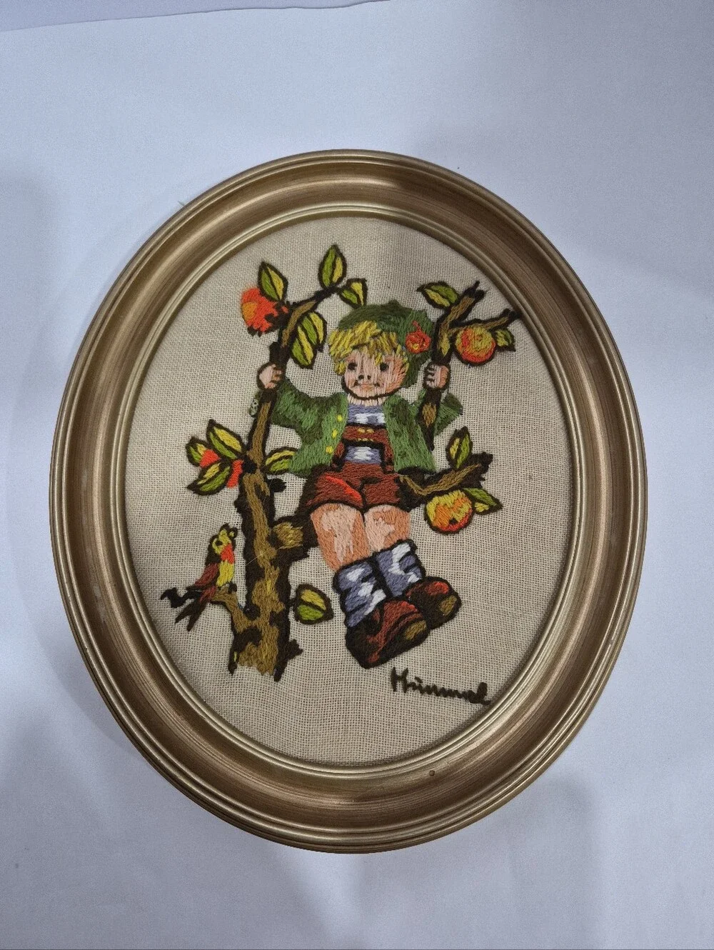 Vintage Crewel Embroidery Art Picture Oval Framed Lot Of 2 Textured & Detailed